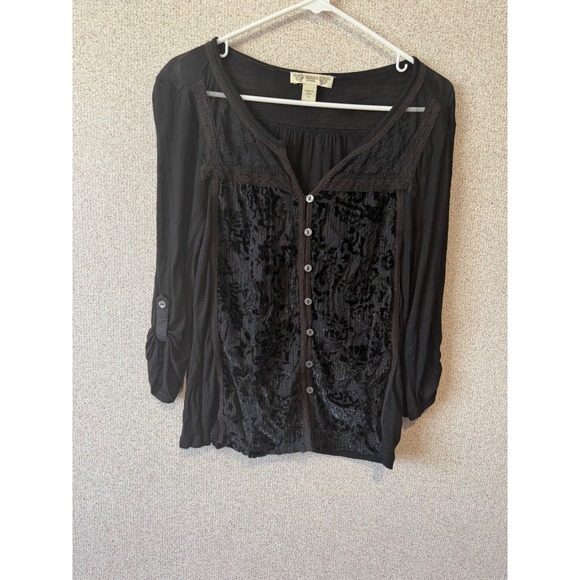 Vintage America Blues Black Velvet Lace Button Front Roll Tab Sleeve Top Small - Picture 7 of 8